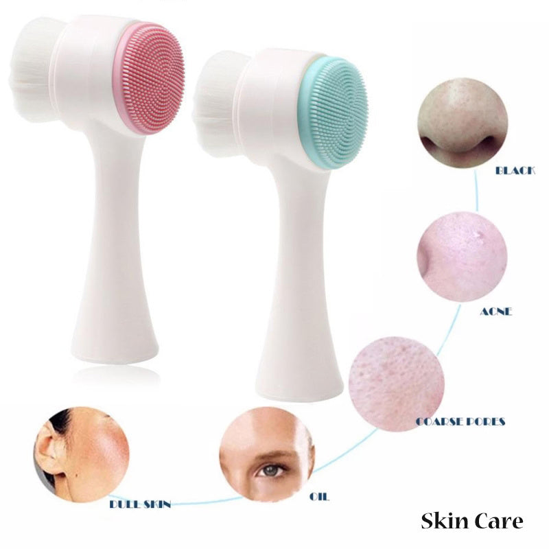 Escova de limpeza facial de silicone dupla face para cuidados com a pele, limpeza facial, vibração, massagem facial, produto de lavagem