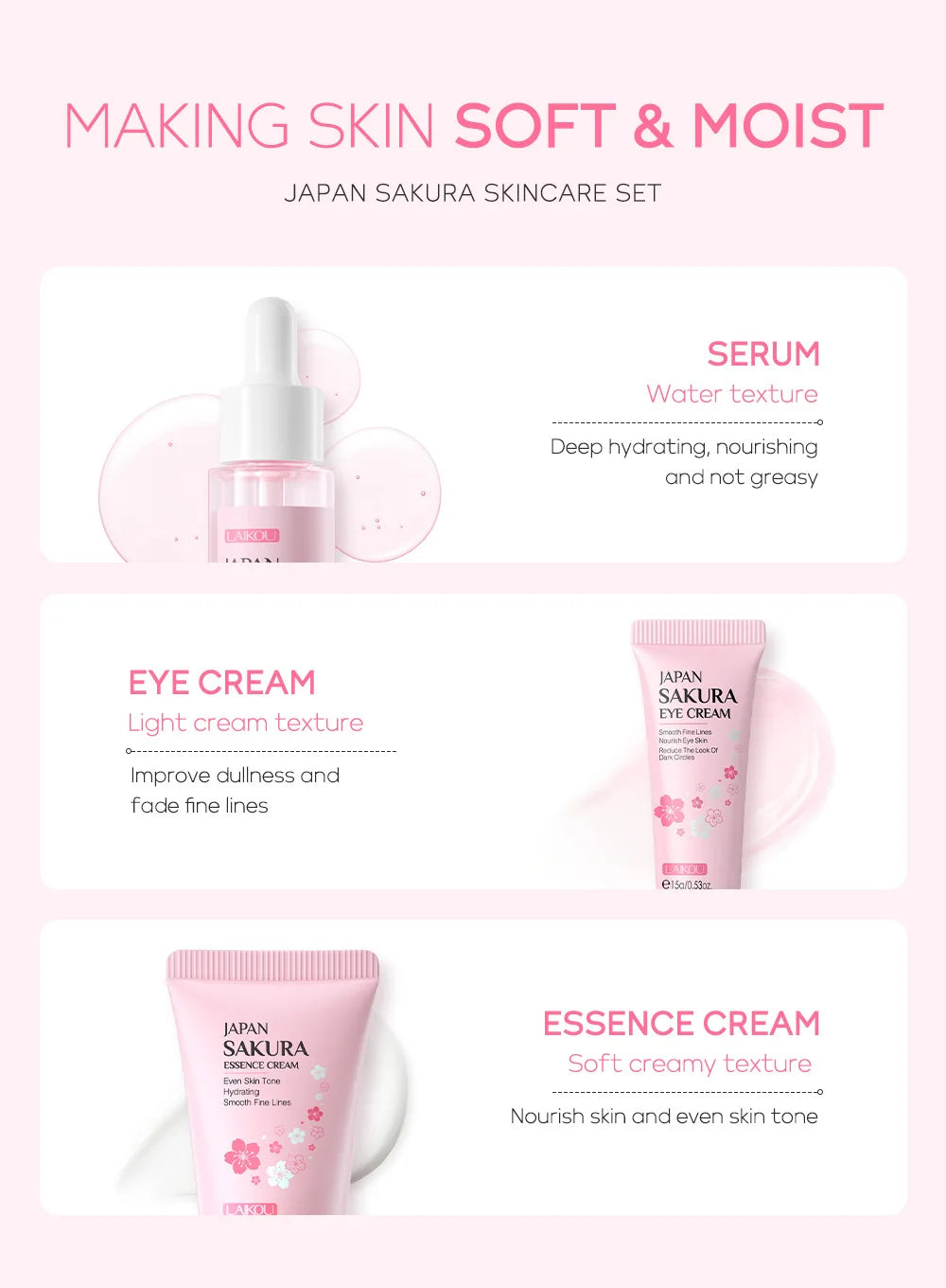 Kit de Cuidados Faciais LAIKOU 3 peças – Vitamina C 24K Golden Sakura