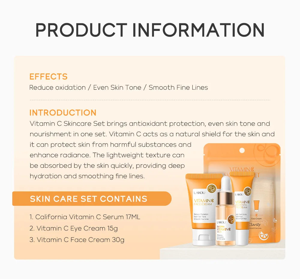 Kit de Cuidados Faciais LAIKOU 3 peças – Vitamina C 24K Golden Sakura
