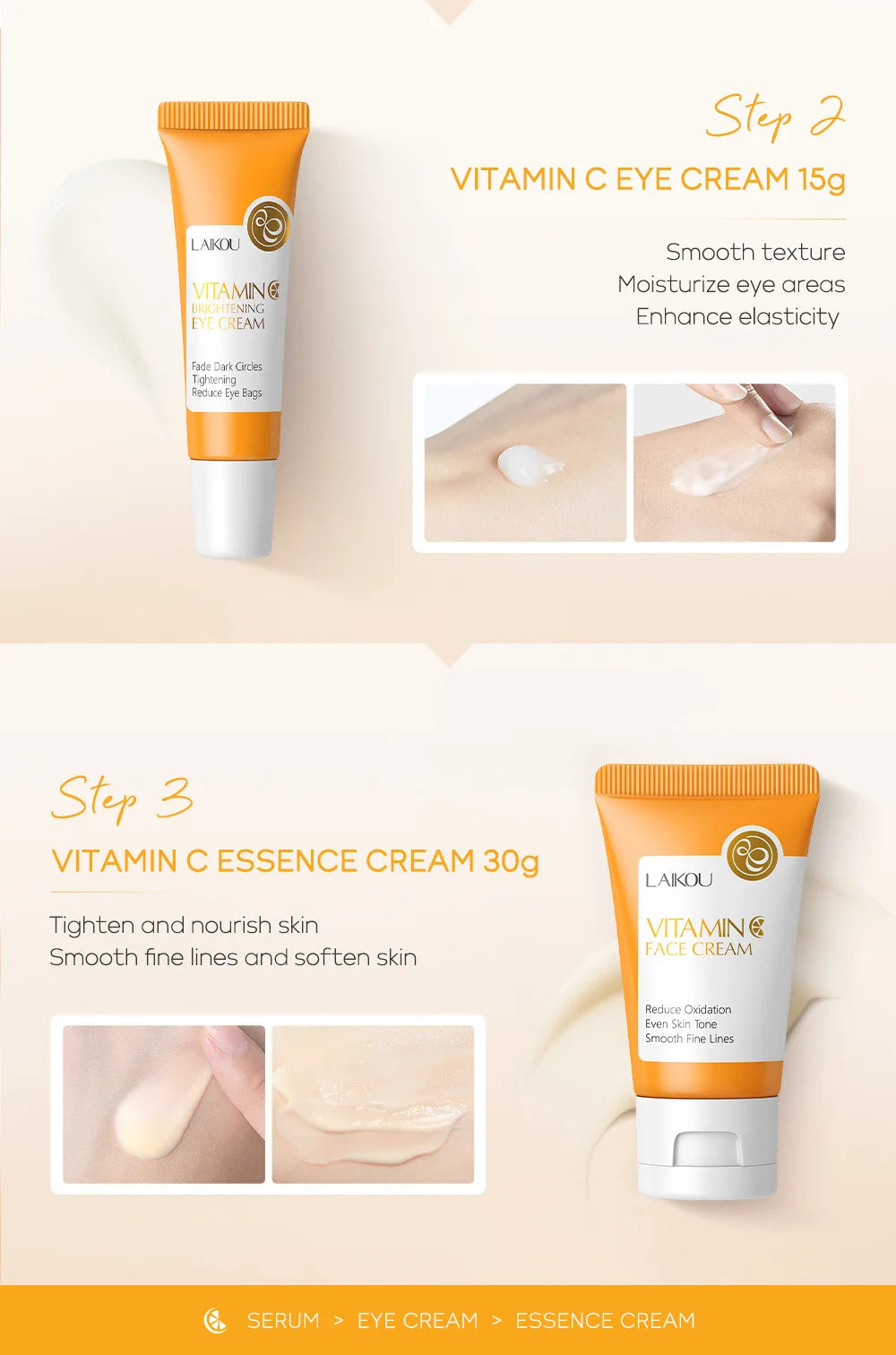 Kit de Cuidados Faciais LAIKOU 3 peças – Vitamina C 24K Golden Sakura