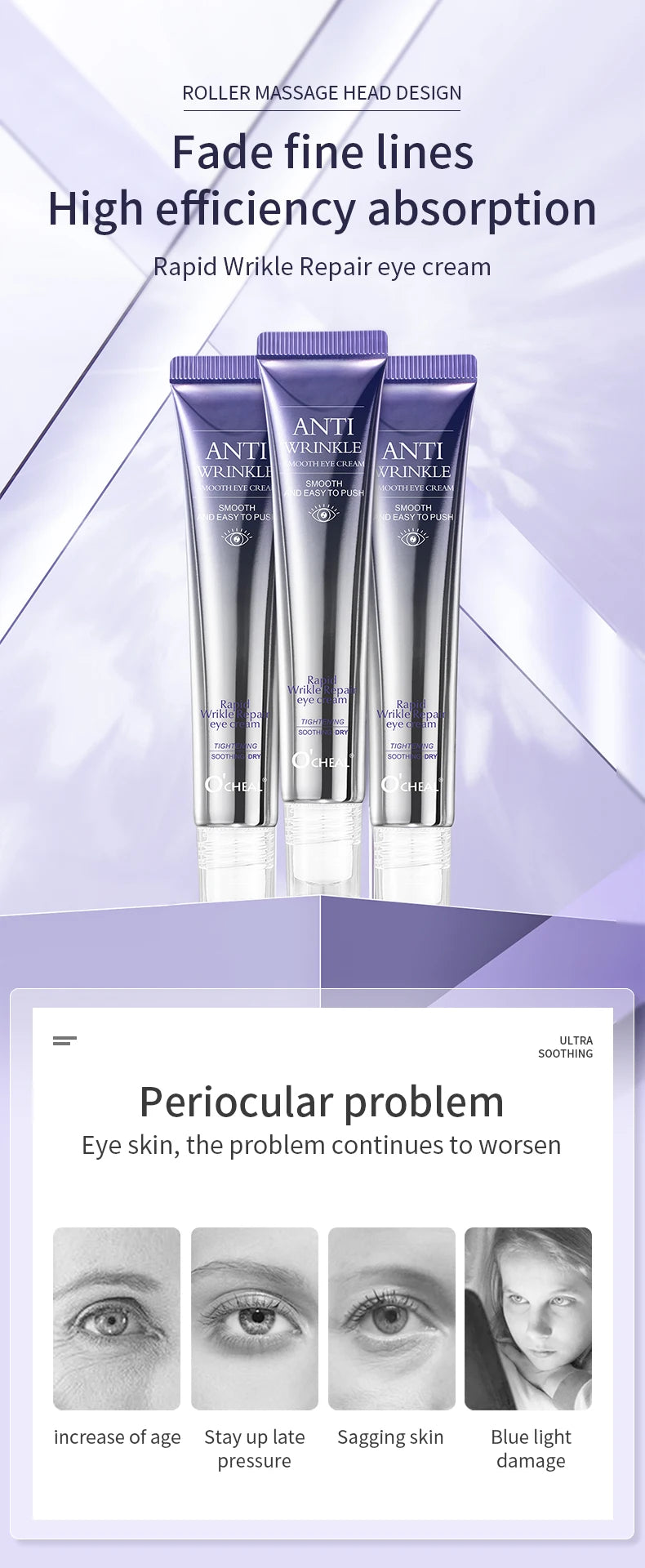 O'CHEAL Creme para Olhos com Massageador – Anti-Rugas, Anti-Olheiras e Anti-Bolsas, Hidratante com Ácido Hialurônico