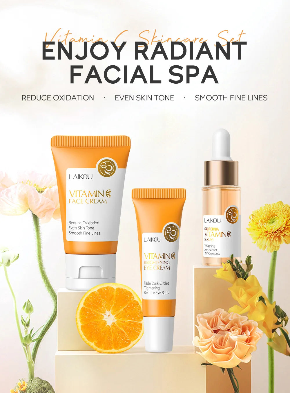 Kit de Cuidados Faciais LAIKOU 3 peças – Vitamina C 24K Golden Sakura