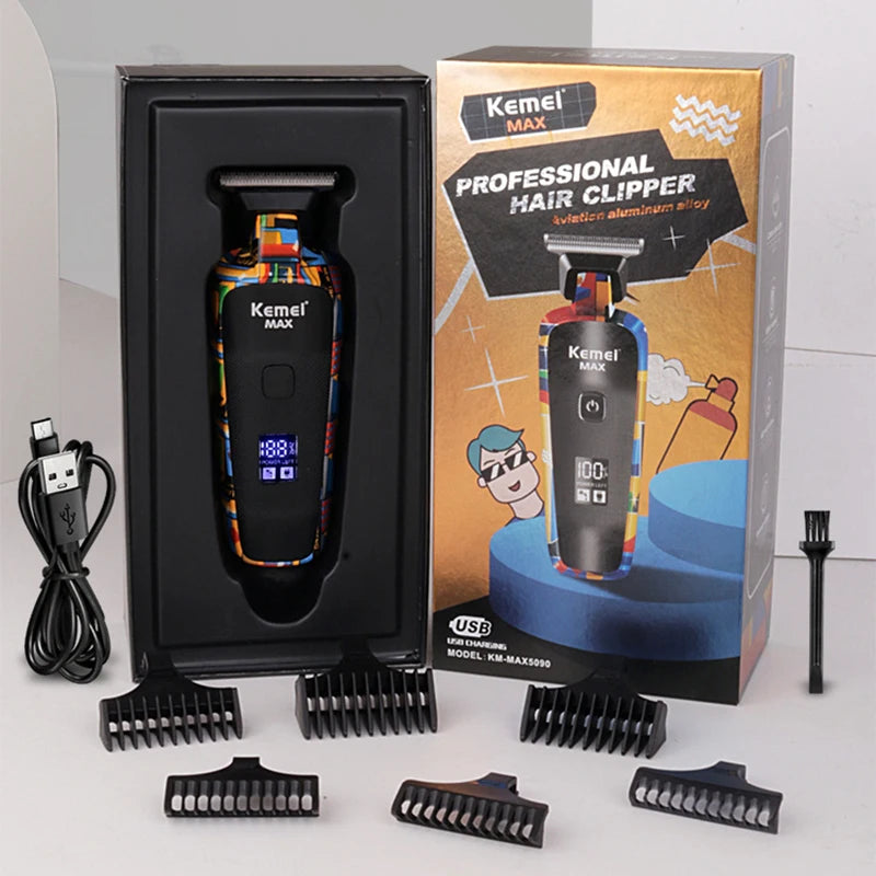 Kemei elétrica clippers moda graffiti usb barbear empurrador elétrico led lcd display digital barbeiro profissional KM-max5090
