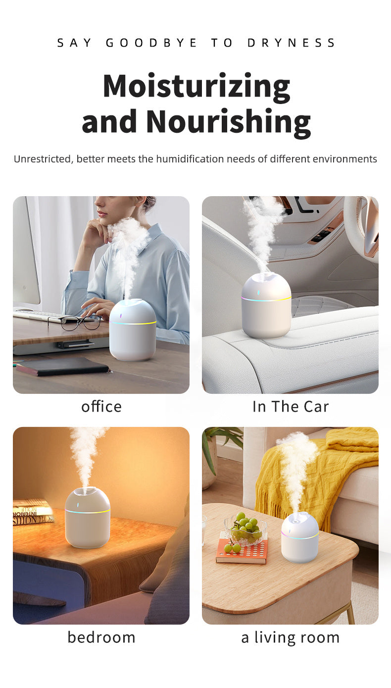 Umidificador de Ar 270ml com Luz Noturna LED – Difusor de Aroma USB com Névoa Fria e Desligamento Automático | Para Escritório e Casa