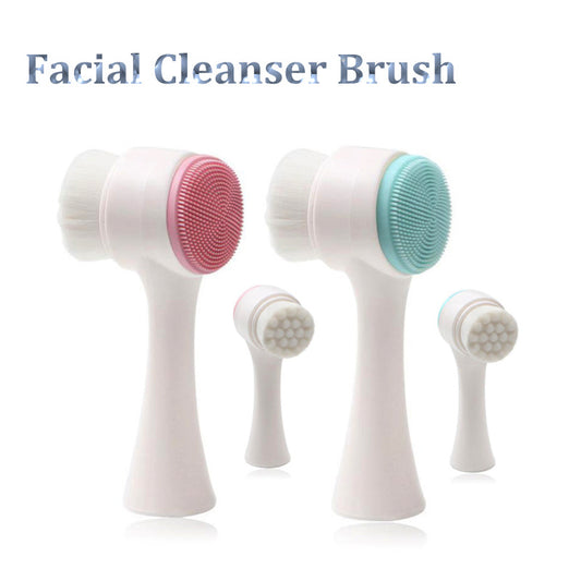 Escova de limpeza facial de silicone dupla face para cuidados com a pele, limpeza facial, vibração, massagem facial, produto de lavagem
