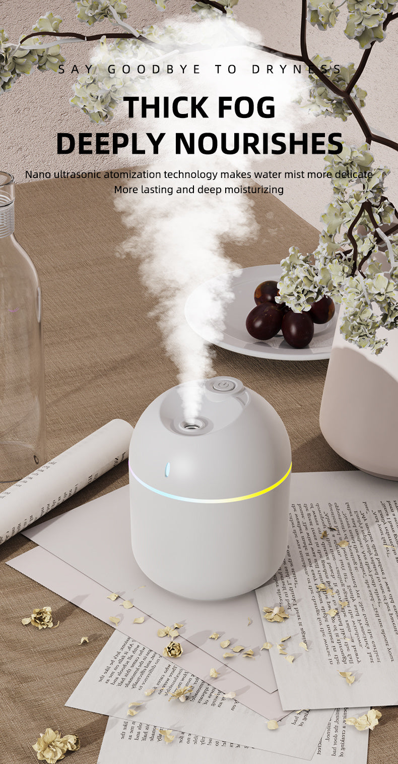 Umidificador de Ar 270ml com Luz Noturna LED – Difusor de Aroma USB com Névoa Fria e Desligamento Automático | Para Escritório e Casa