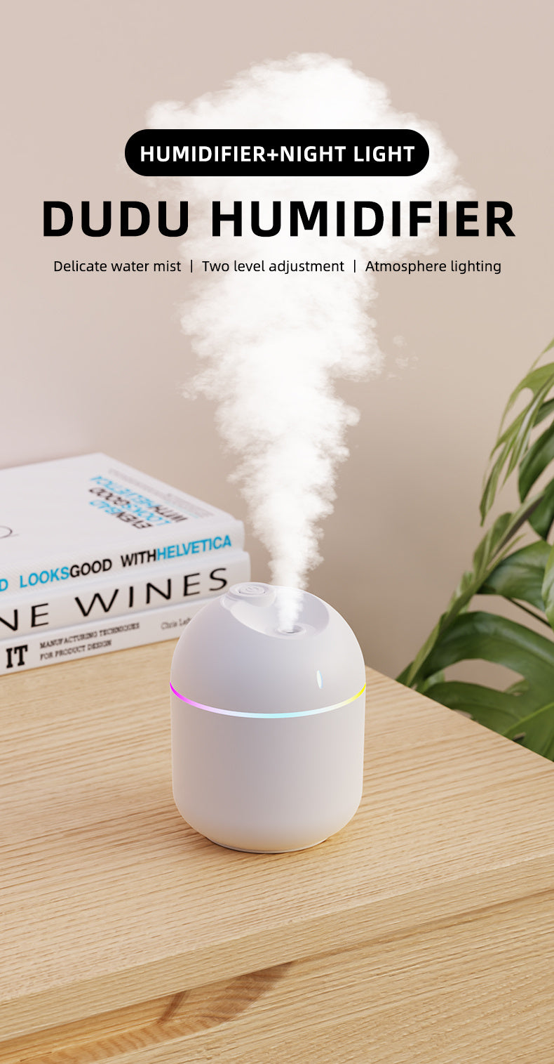 Umidificador de Ar 270ml com Luz Noturna LED – Difusor de Aroma USB com Névoa Fria e Desligamento Automático | Para Escritório e Casa