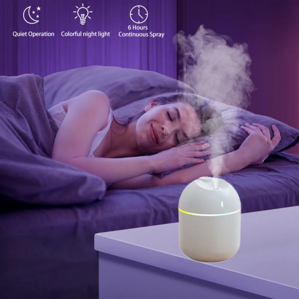 Umidificador de Ar 270ml com Luz Noturna LED – Difusor de Aroma USB com Névoa Fria e Desligamento Automático | Para Escritório e Casa