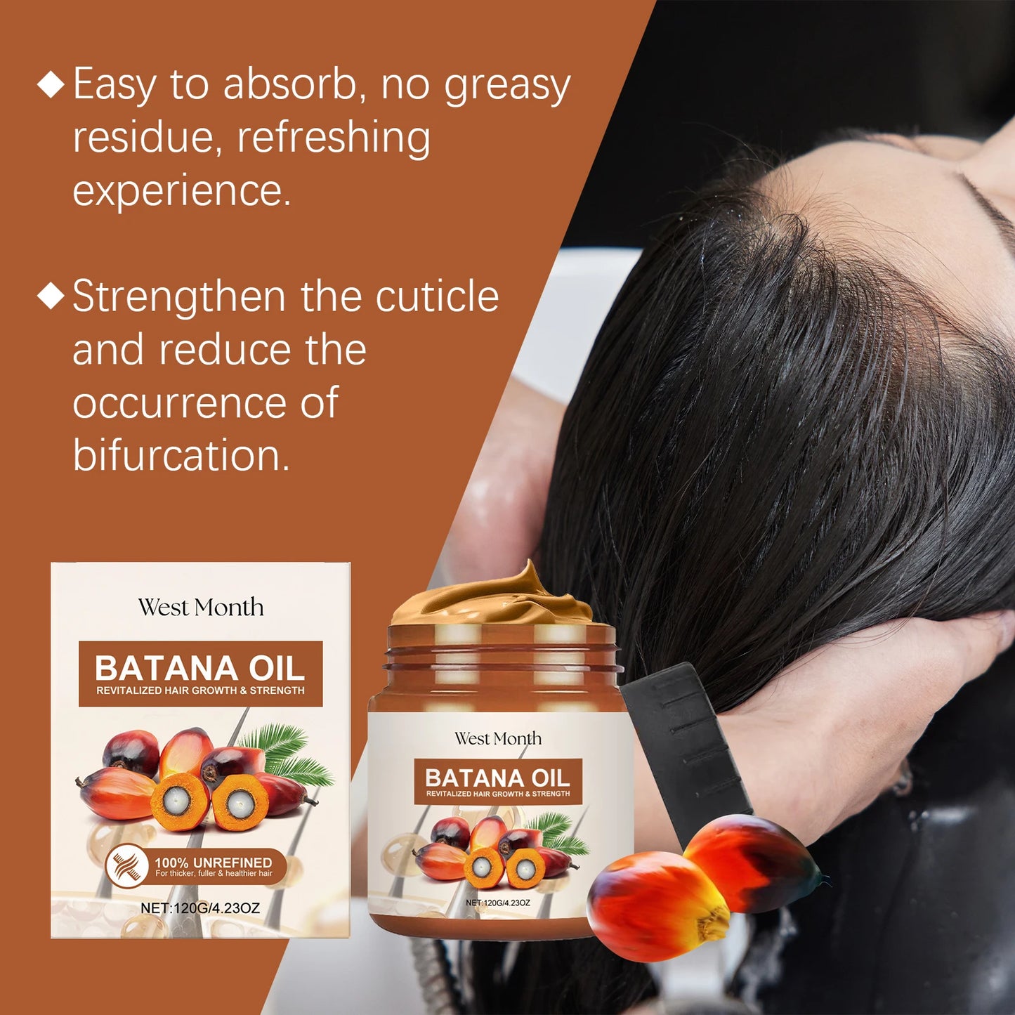 Condicionador de óleo de batana do mês ocidental, cuidados naturais, hidratante, evita perda de cabelo e quebra de cabelo, melhora a qualidade do cabelo, suave e suave