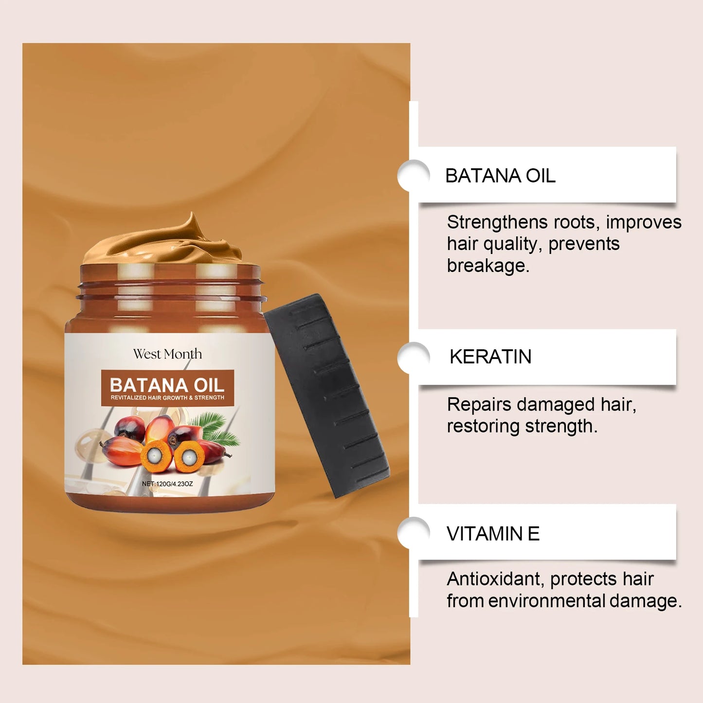 Condicionador de óleo de batana do mês ocidental, cuidados naturais, hidratante, evita perda de cabelo e quebra de cabelo, melhora a qualidade do cabelo, suave e suave
