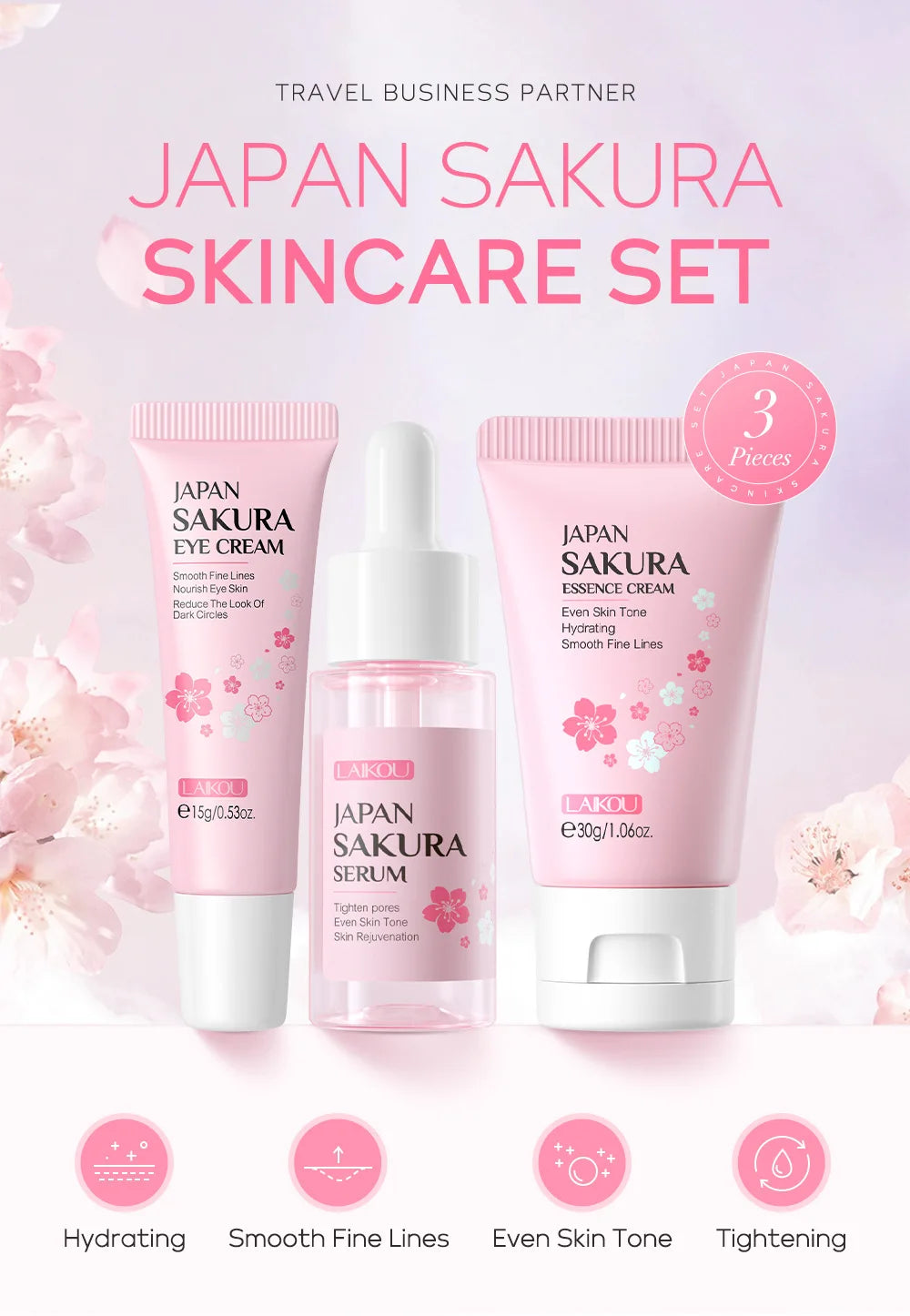 Kit de Cuidados Faciais LAIKOU 3 peças – Vitamina C 24K Golden Sakura