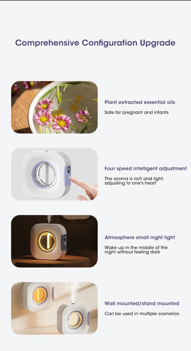 Difusor de Aroma Inteligente com Display Digital – Purificador de Ar com 4 Níveis de Intensidade | Para Óleos Essenciais | USB, Mesa ou Parede