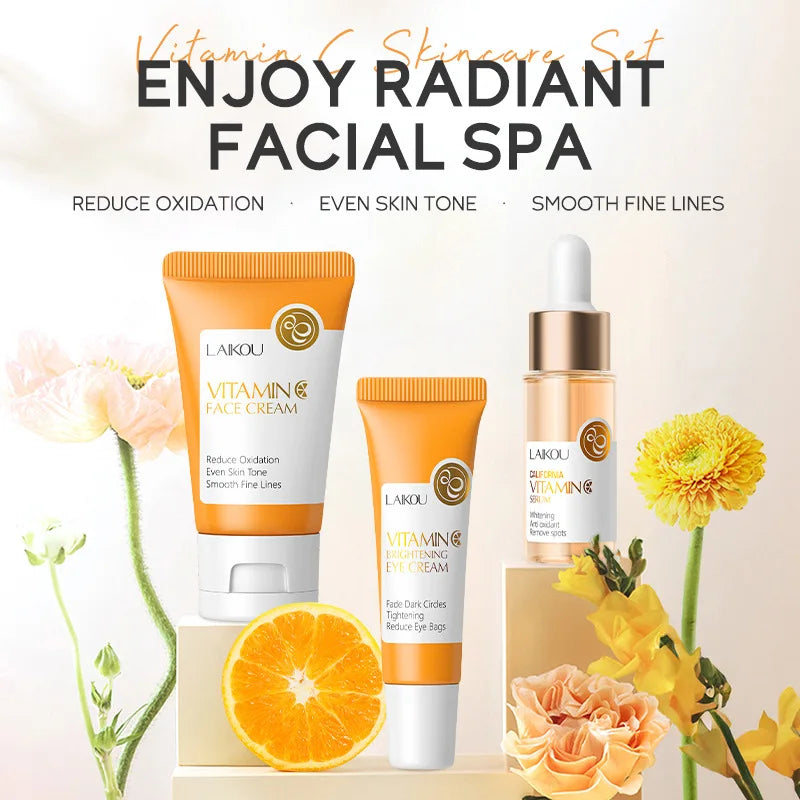 Kit de Cuidados Faciais LAIKOU 3 peças – Vitamina C 24K Golden Sakura