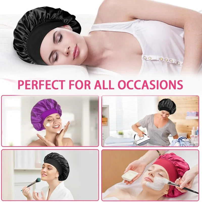 Touca de cabelo feminina para dormir à noite, touca de seda de cetim com dupla camada ajustável, chapéu para banho, acessórios para estilizar cabelos cacheados