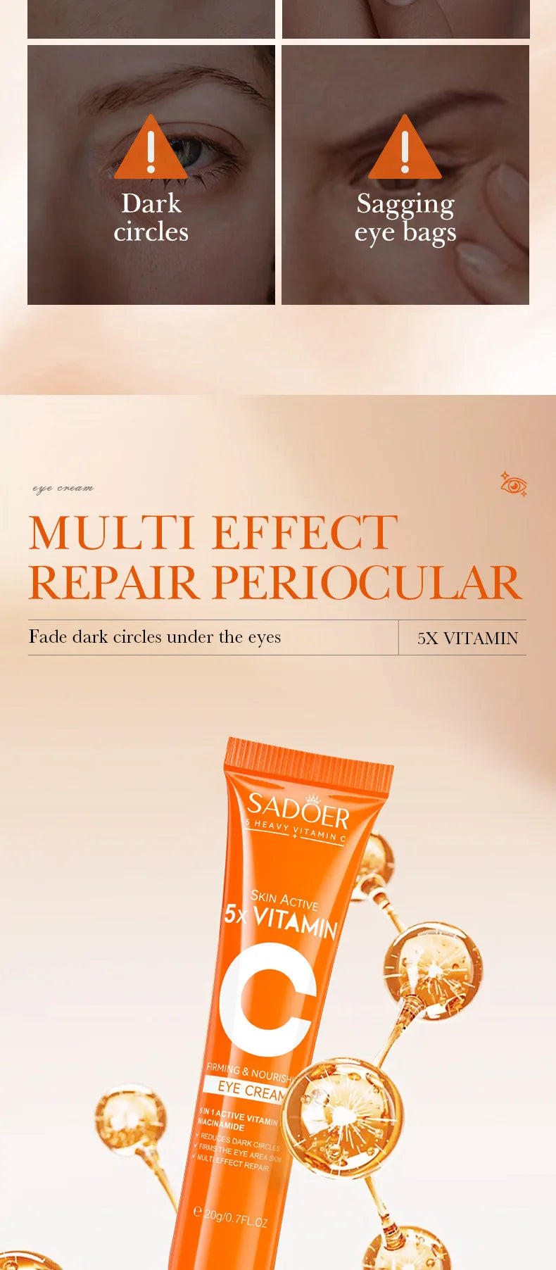SADOER Creme para Olhos Vitamina C – Antiolheiras e Refirmante