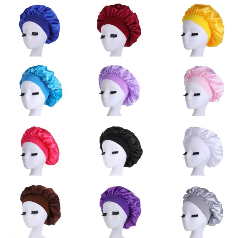 Touca de cabelo feminina para dormir à noite, touca de seda de cetim com dupla camada ajustável, chapéu para banho, acessórios para estilizar cabelos cacheados