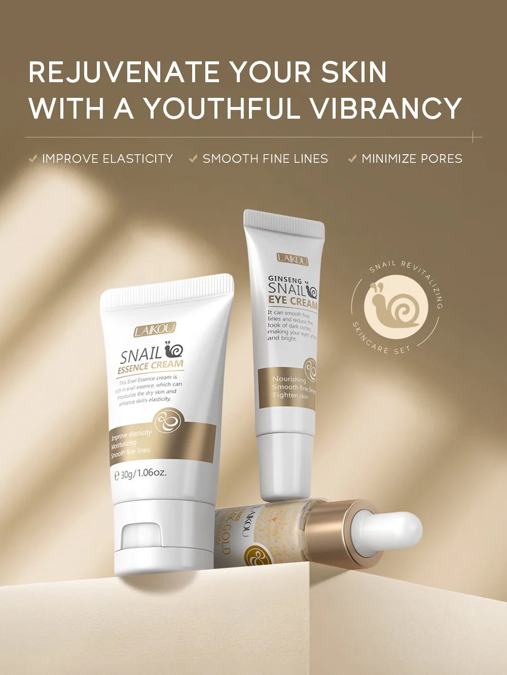 Kit de Cuidados Faciais LAIKOU 3 peças – Vitamina C 24K Golden Sakura