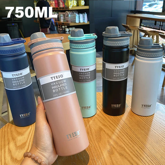 🧊🔥 Garrafa Térmica TYESO 750ml Inox – Isolamento a Vácuo | Copo de Viagem Infantil e Adulto | Caneca Térmica para Café e Bebidas Frias