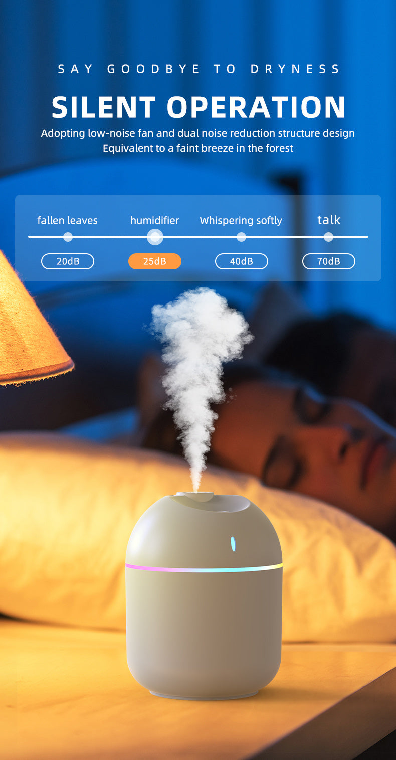 Umidificador de Ar 270ml com Luz Noturna LED – Difusor de Aroma USB com Névoa Fria e Desligamento Automático | Para Escritório e Casa
